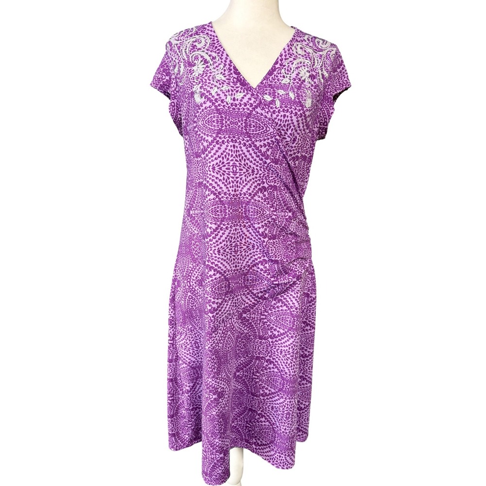 Athleta Wrap Dress Womens S Purple Geometric Heart Ruched V Neck Knee Length